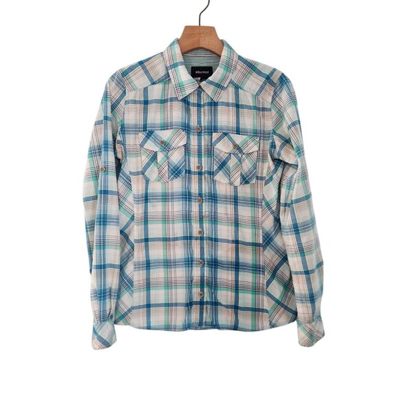 Marmot Plaid Shirt Blue Button Up Roll Tab Sleeves Pockets Womens‎ Small EUC - Picture 1 of 15